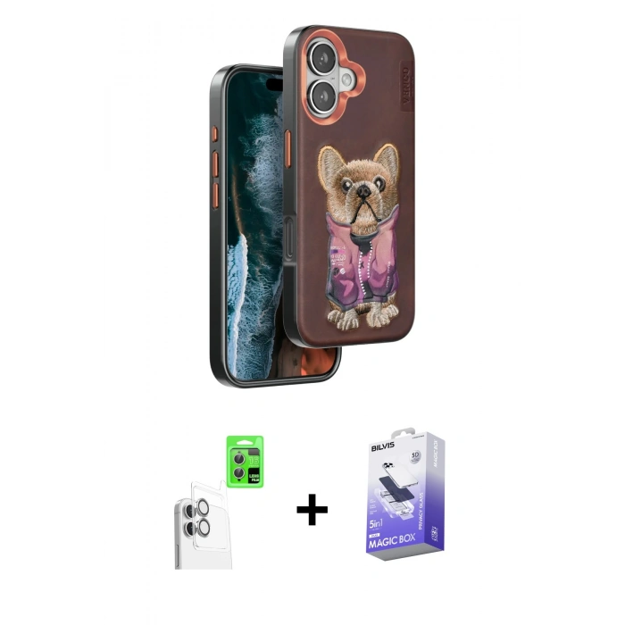 MARSİLYAN™- iPhone 16 Kılıf İz Minimal Koleksiyonu - Siyah Bilvis 5in1 5D Magic Hayalet Cam Ekran Koruyucu + Raze Metal Kamera Lens - BZ