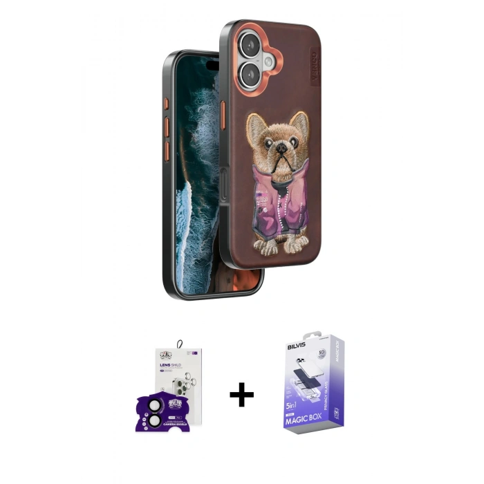 MARSİLYAN™- iPhone 16 Kılıf İz Minimal Koleksiyonu - Siyah Bilvis 5in1 5D Magic Hayalet Cam Ekran Koruyucu + Bilvis Titan Kamera Lens - SH
