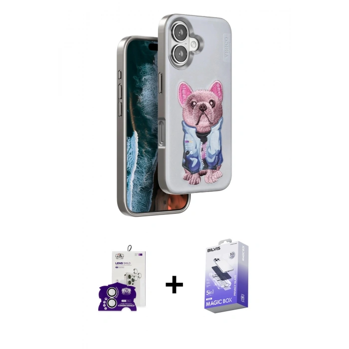 MARSİLYAN™- iPhone 16 Kılıf İz Minimal Koleksiyonu - Siyah Bilvis 5in1 5D Magic Hayalet Cam Ekran Koruyucu + Bilvis Titan Kamera Lens - GS