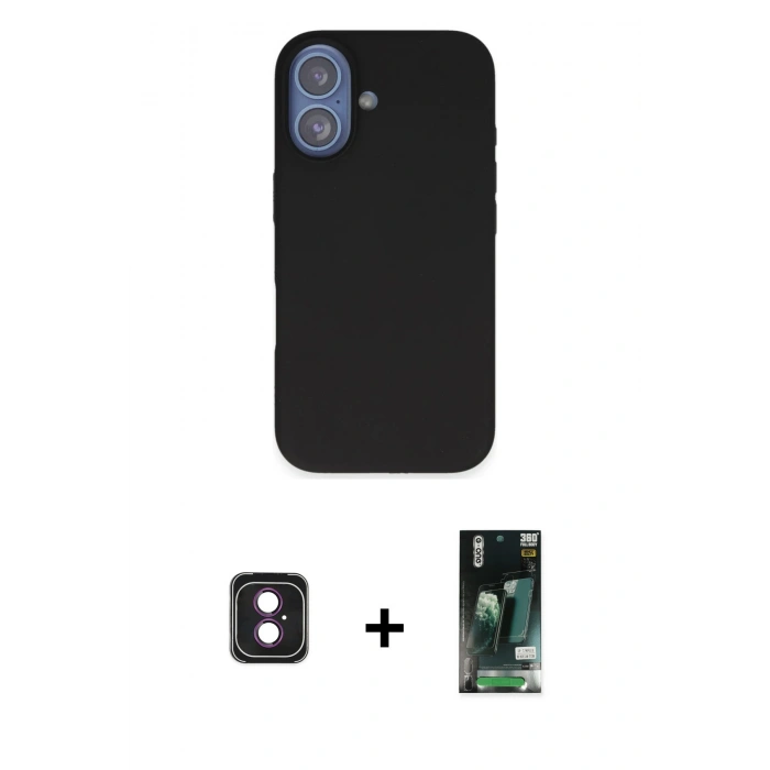 MARSİLYAN™- iPhone 16 Kılıf Kıvılcım Çizgi Serisi - Siyah 360 Mat Full Body Arka Koruyucu + PVD Metal Kamera Lens - PE
