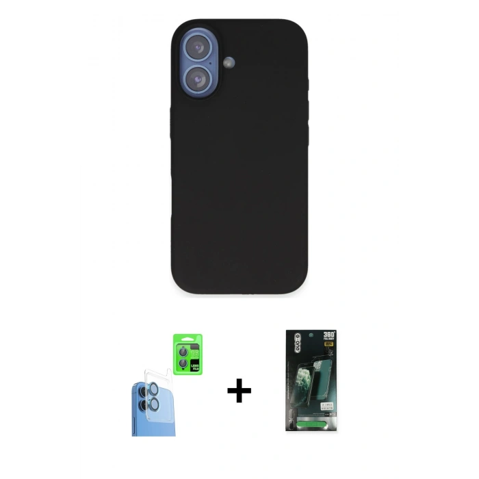 MARSİLYAN™- iPhone 16 Kılıf Kıvılcım Çizgi Serisi - Siyah 360 Mat Full Body Arka Koruyucu + Raze Metal Kamera Lens - LT