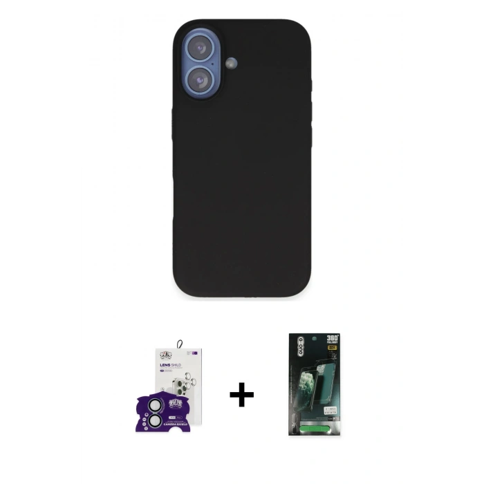 MARSİLYAN™- iPhone 16 Kılıf Kıvılcım Çizgi Serisi - Siyah 360 Mat Full Body Arka Koruyucu + Bilvis Titan Kamera Lens - YL