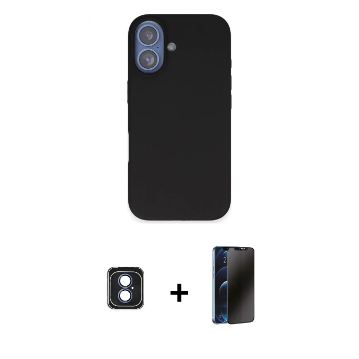 MARSİLYAN™- iPhone 16 Kılıf Kıvılcım Çizgi Serisi - Siyah 3D Antistatik Hayalet Cam Ekran Koruyucu + PVD Metal Kamera Lens - MI