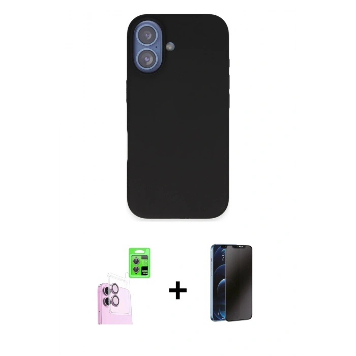 MARSİLYAN™- iPhone 16 Kılıf Kıvılcım Çizgi Serisi - Siyah 3D Antistatik Hayalet Cam Ekran Koruyucu + Raze Metal Kamera Lens - PE