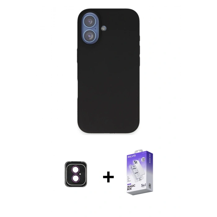 MARSİLYAN™- iPhone 16 Kılıf Kıvılcım Çizgi Serisi - Siyah Bilvis 5in1 3D Magic Cam Ekran Koruyucu + PVD Metal Kamera Lens - PE