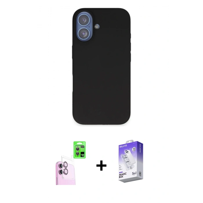 MARSİLYAN™- iPhone 16 Kılıf Kıvılcım Çizgi Serisi - Siyah Bilvis 5in1 3D Magic Cam Ekran Koruyucu + Raze Metal Kamera Lens - PE