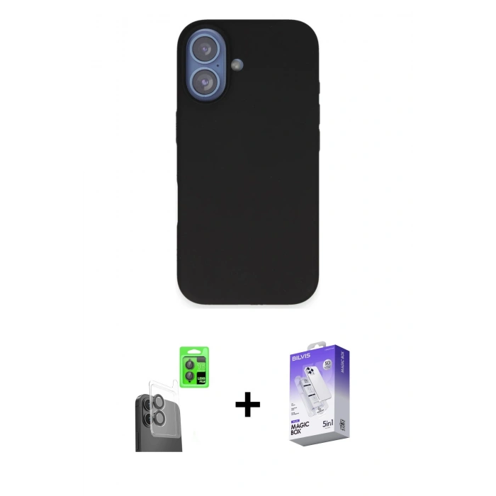 MARSİLYAN™- iPhone 16 Kılıf Kıvılcım Çizgi Serisi - Siyah Bilvis 5in1 3D Magic Cam Ekran Koruyucu + Raze Metal Kamera Lens - SH