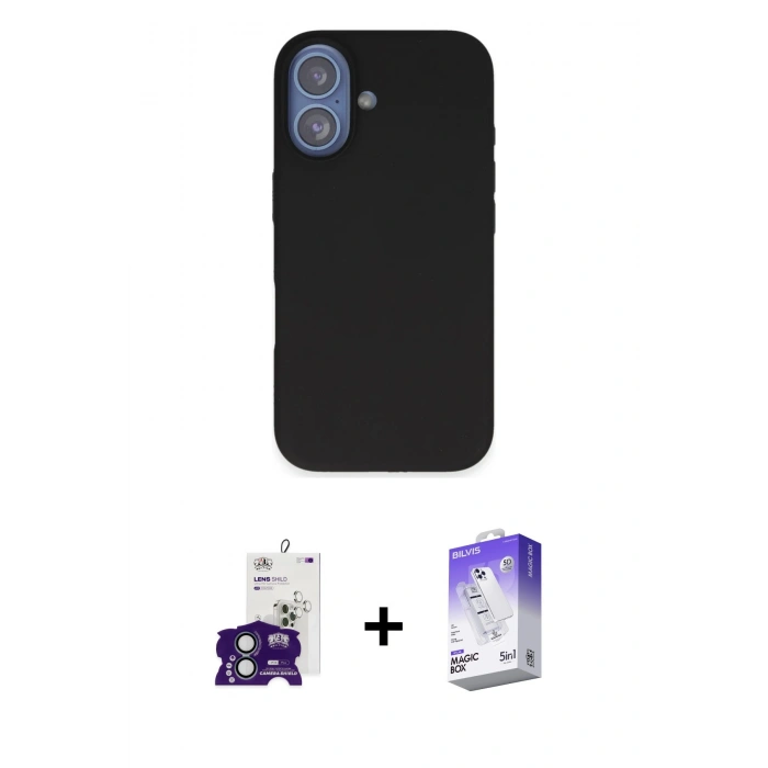 MARSİLYAN™- iPhone 16 Kılıf Kıvılcım Çizgi Serisi - Siyah Bilvis 5in1 3D Magic Cam Ekran Koruyucu + Yeşil Bilvis Titan Kamera Lens
