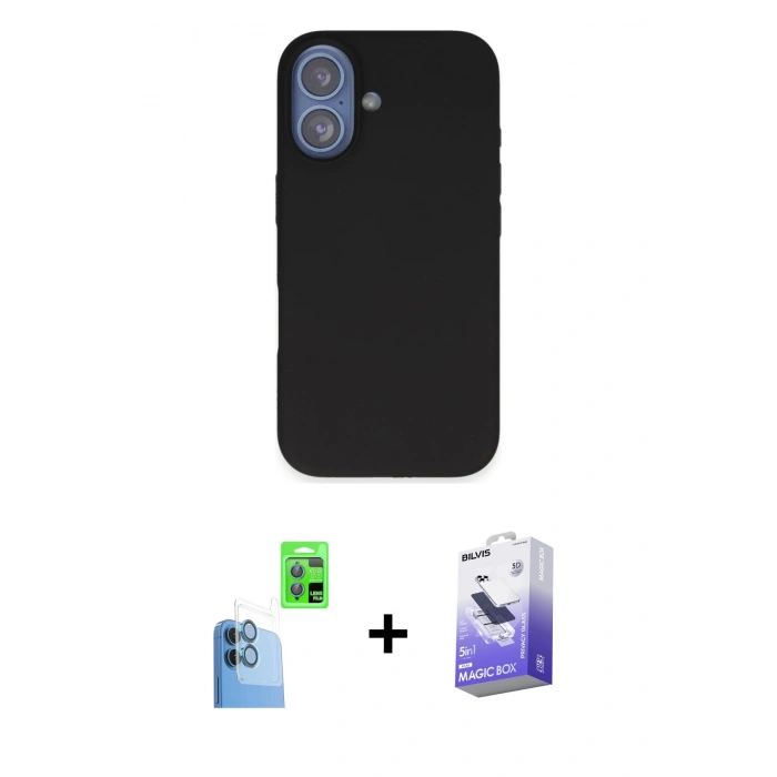 MARSİLYAN™- iPhone 16 Kılıf Kıvılcım Çizgi Serisi - Siyah Bilvis 5in1 5D Magic Hayalet Cam Ekran Koruyucu + Raze Metal Kamera Lens - LT