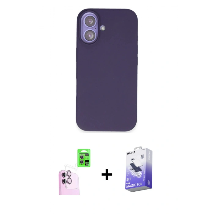 MARSİLYAN™- iPhone 16 Kılıf Kıvılcım Çizgi Serisi - Siyah Bilvis 5in1 5D Magic Hayalet Cam Ekran Koruyucu + Pembe Raze Metal Kamera Lens