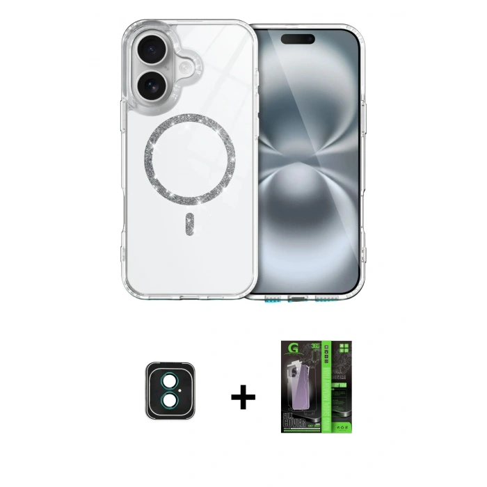 MARSİLYAN™- iPhone 16 Kılıf Kıvılcım Form Prime - Şeffaf 360 Full Body Arka Koruyucu + PVD Metal Kamera Lens - YL