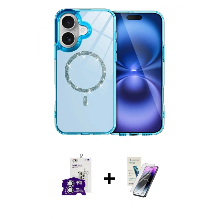 MARSİLYAN™- iPhone 16 Kılıf Kıvılcım Form Prime - Şeffaf Pasifik Cam Ekran Koruyucu + Bilvis Titan Kamera Lens - GS