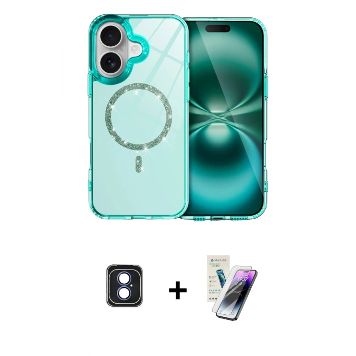 MARSİLYAN™- iPhone 16 Kılıf Kıvılcım Form Prime - Şeffaf Pasifik Cam Ekran Koruyucu + PVD Metal Kamera Lens - MI