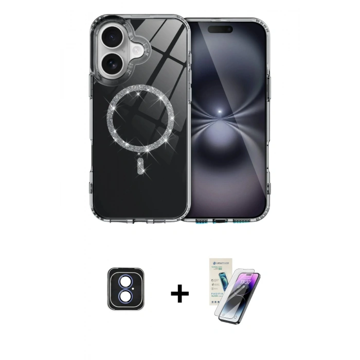 MARSİLYAN™- iPhone 16 Kılıf Kıvılcım Form Prime - Şeffaf Pasifik Cam Ekran Koruyucu + PVD Metal Kamera Lens - MI