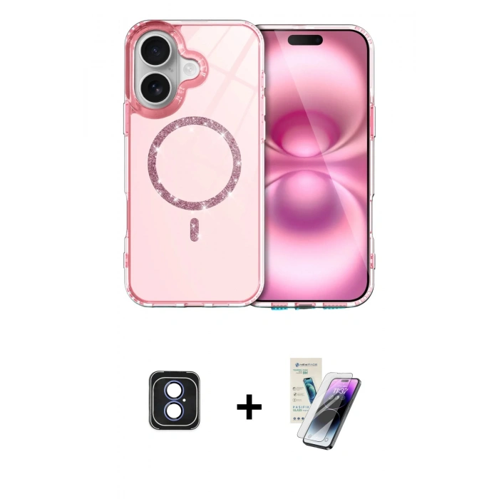 MARSİLYAN™- iPhone 16 Kılıf Kıvılcım Form Prime - Şeffaf Pasifik Cam Ekran Koruyucu + PVD Metal Kamera Lens - MI
