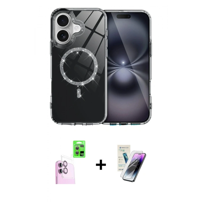 MARSİLYAN™- iPhone 16 Kılıf Kıvılcım Form Prime - Şeffaf Pasifik Cam Ekran Koruyucu + Raze Metal Kamera Lens - PE
