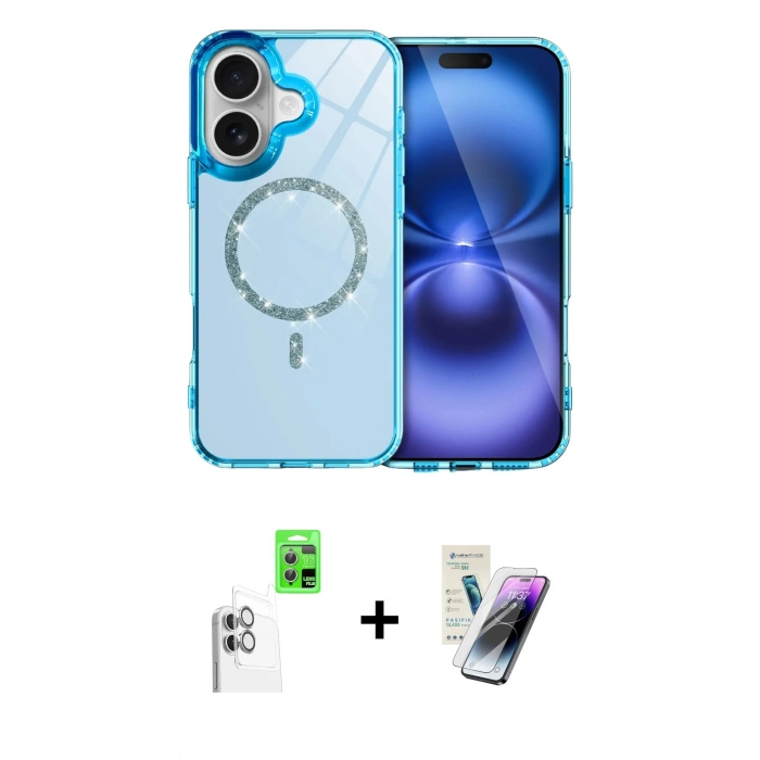 MARSİLYAN™- iPhone 16 Kılıf Kıvılcım Form Prime - Şeffaf Pasifik Cam Ekran Koruyucu + Raze Metal Kamera Lens - BZ
