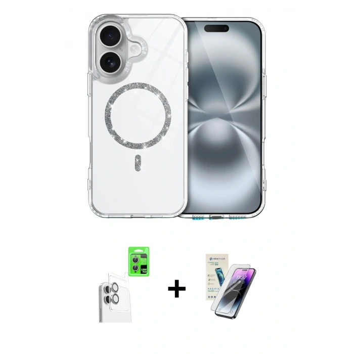 MARSİLYAN™- iPhone 16 Kılıf Kıvılcım Form Prime - Şeffaf Pasifik Cam Ekran Koruyucu + Raze Metal Kamera Lens - BZ