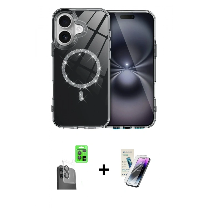 MARSİLYAN™- iPhone 16 Kılıf Kıvılcım Form Prime - Şeffaf Pasifik Cam Ekran Koruyucu + Raze Metal Kamera Lens - SH