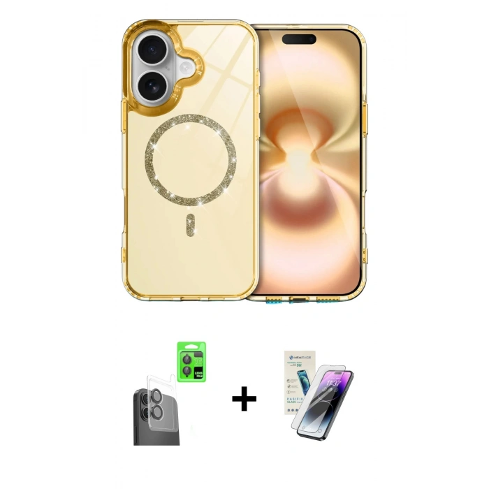 MARSİLYAN™- iPhone 16 Kılıf Kıvılcım Form Prime - Şeffaf Pasifik Cam Ekran Koruyucu + Raze Metal Kamera Lens - SH