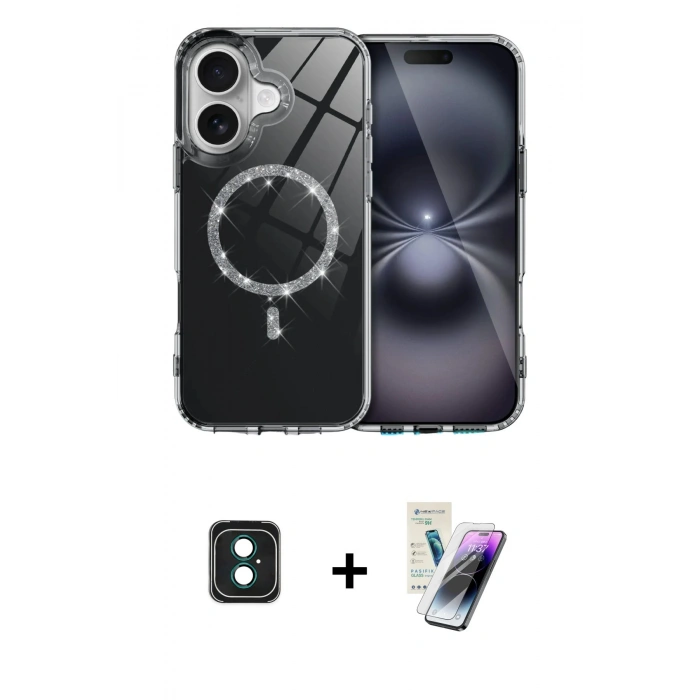 MARSİLYAN™- iPhone 16 Kılıf Kıvılcım Form Prime - Şeffaf Pasifik Cam Ekran Koruyucu + PVD Metal Kamera Lens - YL