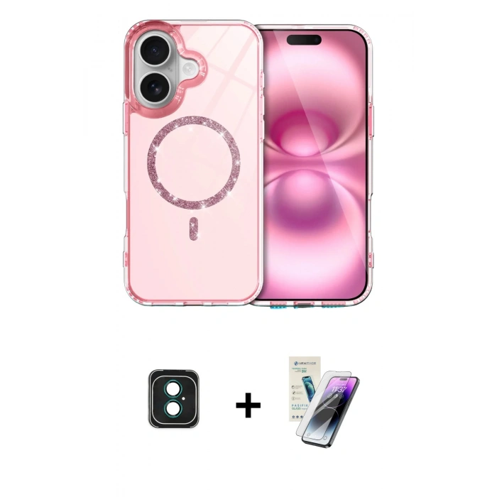 MARSİLYAN™- iPhone 16 Kılıf Kıvılcım Form Prime - Şeffaf Pasifik Cam Ekran Koruyucu + PVD Metal Kamera Lens - YL