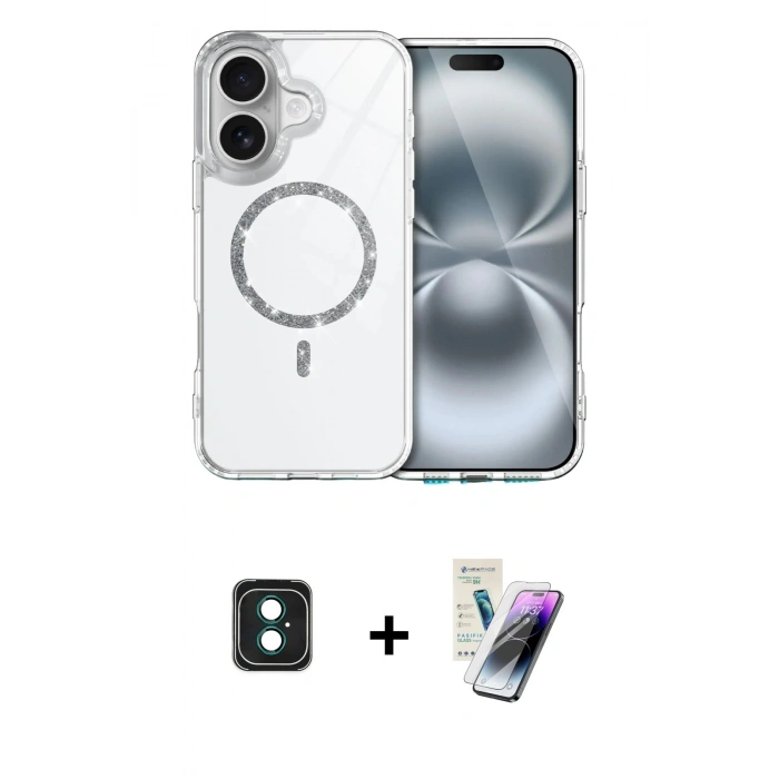 MARSİLYAN™- iPhone 16 Kılıf Kıvılcım Form Prime - Şeffaf Pasifik Cam Ekran Koruyucu + PVD Metal Kamera Lens - YL