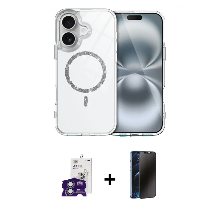 MARSİLYAN™- iPhone 16 Kılıf Kıvılcım Form Prime - Siyah 3D Antistatik Hayalet Cam Ekran Koruyucu + Bilvis Titan Kamera Lens - YL