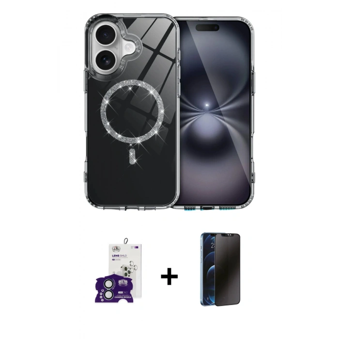 MARSİLYAN™- iPhone 16 Kılıf Kıvılcım Form Prime - Siyah 3D Antistatik Hayalet Cam Ekran Koruyucu + Bilvis Titan Kamera Lens - YL