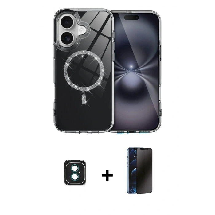 MARSİLYAN™- iPhone 16 Kılıf Kıvılcım Form Prime - Siyah 3D Antistatik Hayalet Cam Ekran Koruyucu + PVD Metal Kamera Lens - YL
