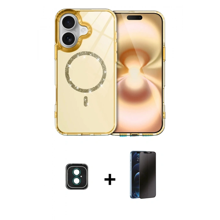 MARSİLYAN™- iPhone 16 Kılıf Kıvılcım Form Prime - Siyah 3D Antistatik Hayalet Cam Ekran Koruyucu + PVD Metal Kamera Lens - YL