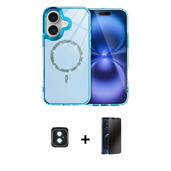 MARSİLYAN™- iPhone 16 Kılıf Kıvılcım Form Prime - Siyah 3D Antistatik Hayalet Cam Ekran Koruyucu + PVD Metal Kamera Lens - YL