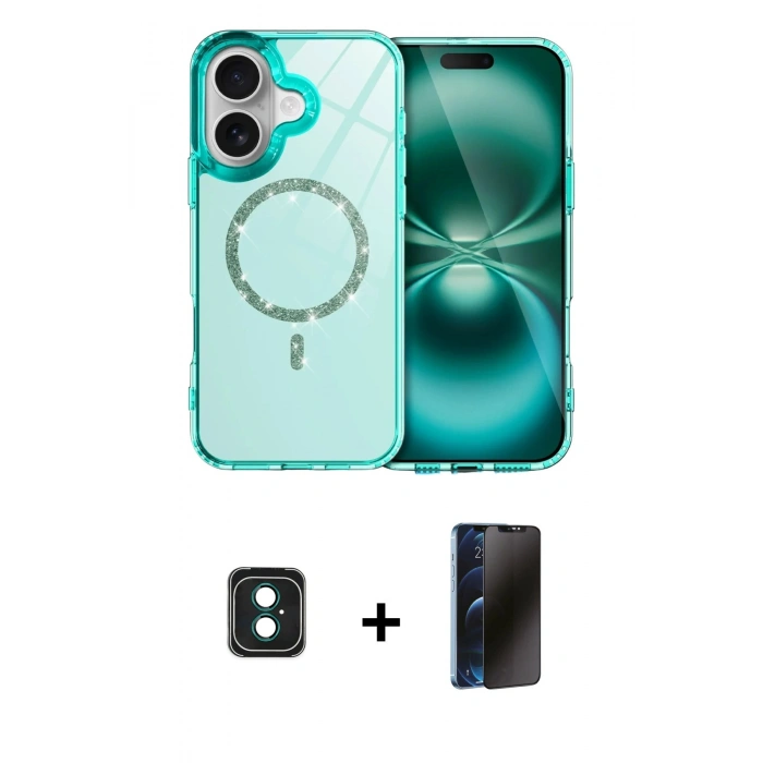 MARSİLYAN™- iPhone 16 Kılıf Kıvılcım Form Prime - Siyah 3D Antistatik Hayalet Cam Ekran Koruyucu + PVD Metal Kamera Lens - YL