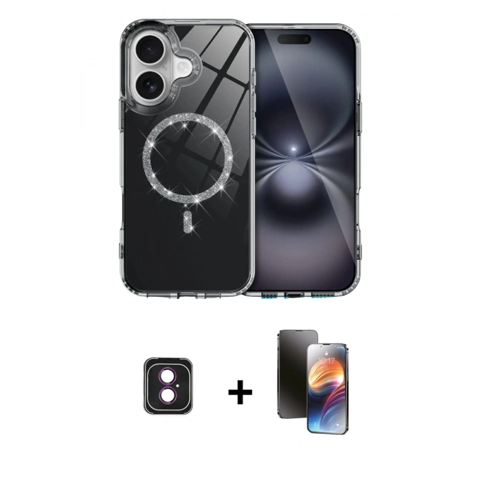 MARSİLYAN™- iPhone 16 Kılıf Kıvılcım Form Prime - Siyah 3D Antistatik Mat Seramik Nano Ekran Koruyucu + Pembe PVD Metal Kamera Lens