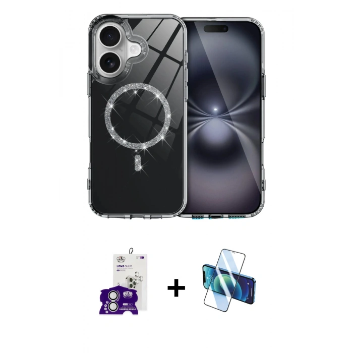 MARSİLYAN™- iPhone 16 Kılıf Kıvılcım Form Prime - Siyah 3D Antistatik Seramik Nano Ekran Koruyucu + Bilvis Titan Kamera Lens - GS