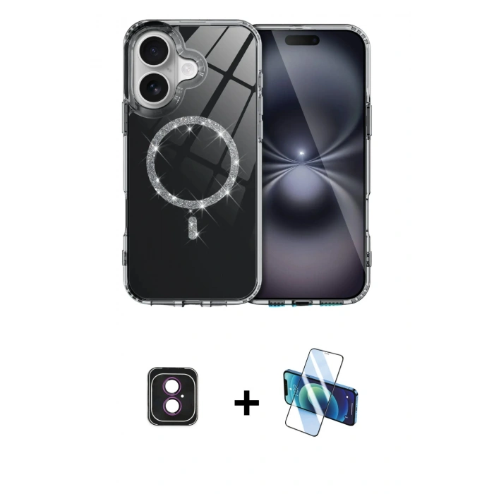 MARSİLYAN™- iPhone 16 Kılıf Kıvılcım Form Prime - Siyah 3D Antistatik Seramik Nano Ekran Koruyucu + PVD Metal Kamera Lens - PE