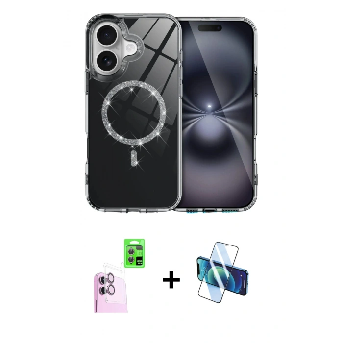 MARSİLYAN™- iPhone 16 Kılıf Kıvılcım Form Prime - Siyah 3D Antistatik Seramik Nano Ekran Koruyucu + Raze Metal Kamera Lens - PE
