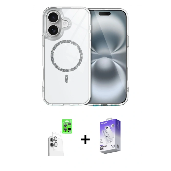 MARSİLYAN™- iPhone 16 Kılıf Kıvılcım Form Prime - Siyah Bilvis 5in1 3D Magic Cam Ekran Koruyucu + Raze Metal Kamera Lens - BZ