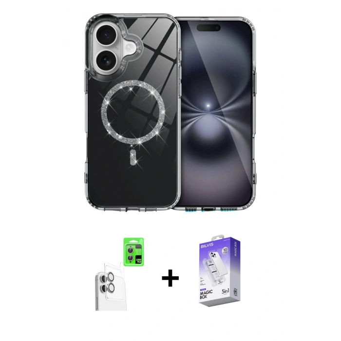 MARSİLYAN™- iPhone 16 Kılıf Kıvılcım Form Prime - Siyah Bilvis 5in1 3D Magic Cam Ekran Koruyucu + Raze Metal Kamera Lens - BZ