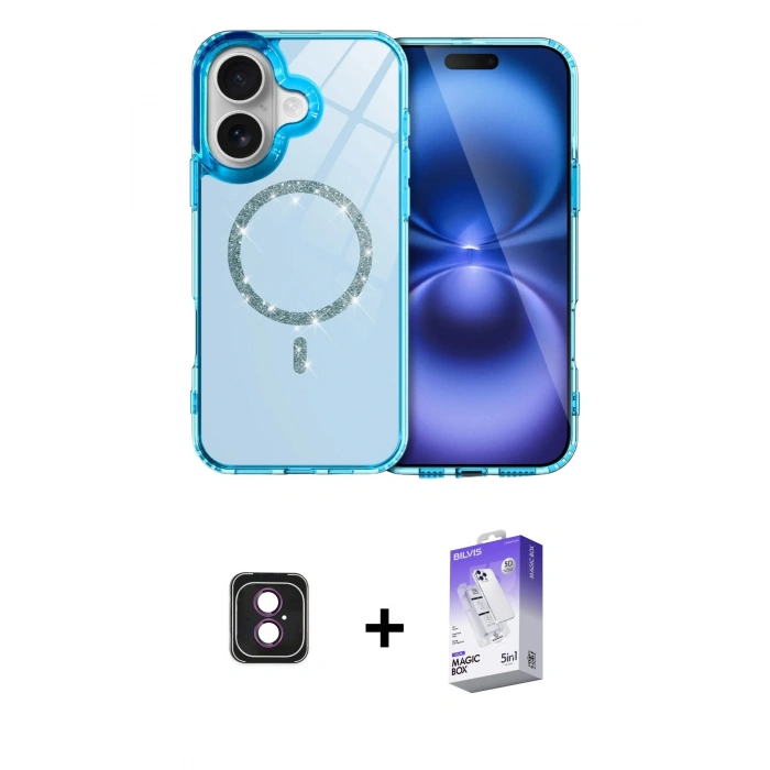 MARSİLYAN™- iPhone 16 Kılıf Kıvılcım Form Prime - Siyah Bilvis 5in1 3D Magic Cam Ekran Koruyucu + Pembe PVD Metal Kamera Lens