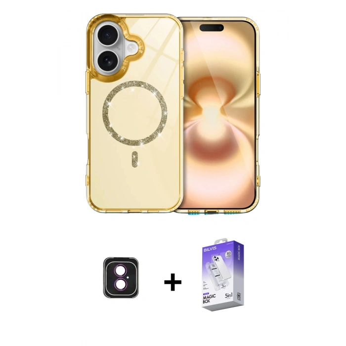 MARSİLYAN™- iPhone 16 Kılıf Kıvılcım Form Prime - Siyah Bilvis 5in1 3D Magic Cam Ekran Koruyucu + Pembe PVD Metal Kamera Lens