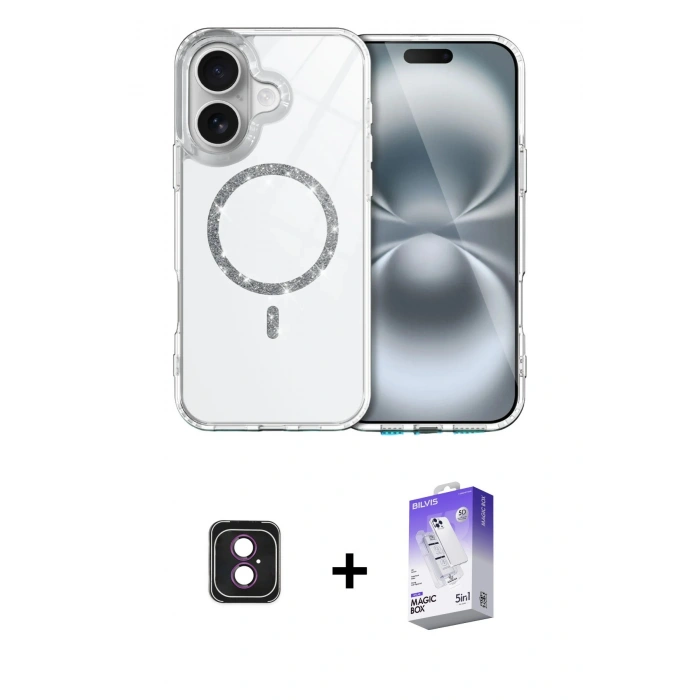 MARSİLYAN™- iPhone 16 Kılıf Kıvılcım Form Prime - Siyah Bilvis 5in1 3D Magic Cam Ekran Koruyucu + Pembe PVD Metal Kamera Lens