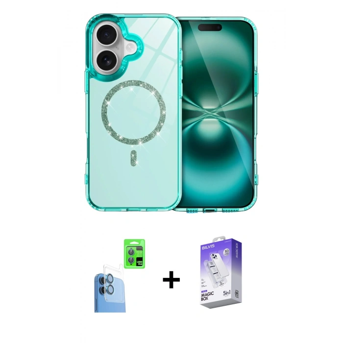 MARSİLYAN™- iPhone 16 Kılıf Kıvılcım Form Prime - Siyah Bilvis 5in1 3D Magic Cam Ekran Koruyucu + Raze Metal Kamera Lens - LT
