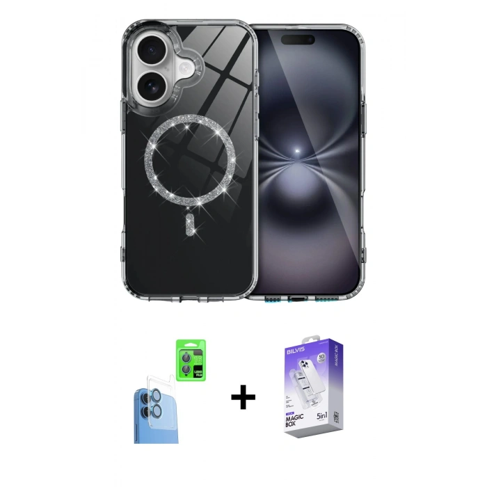 MARSİLYAN™- iPhone 16 Kılıf Kıvılcım Form Prime - Siyah Bilvis 5in1 3D Magic Cam Ekran Koruyucu + Raze Metal Kamera Lens - LT