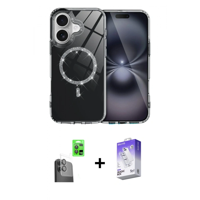 MARSİLYAN™- iPhone 16 Kılıf Kıvılcım Form Prime - Siyah Bilvis 5in1 3D Magic Cam Ekran Koruyucu + Raze Metal Kamera Lens - SH