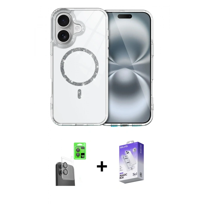 MARSİLYAN™- iPhone 16 Kılıf Kıvılcım Form Prime - Siyah Bilvis 5in1 3D Magic Cam Ekran Koruyucu + Raze Metal Kamera Lens - SH