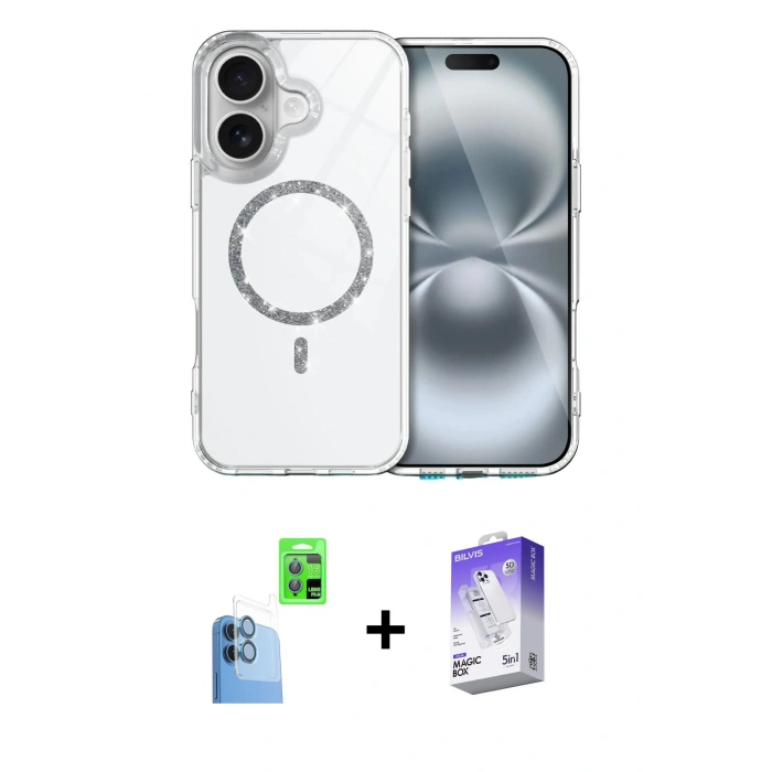 MARSİLYAN™- iPhone 16 Kılıf Kıvılcım Form Prime - Siyah Bilvis 5in1 3D Magic Cam Ekran Koruyucu + Raze Metal Kamera Lens - LT
