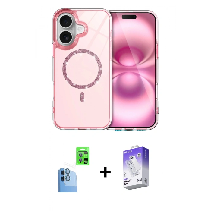 MARSİLYAN™- iPhone 16 Kılıf Kıvılcım Form Prime - Siyah Bilvis 5in1 3D Magic Cam Ekran Koruyucu + Raze Metal Kamera Lens - LT
