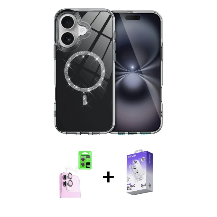 MARSİLYAN™- iPhone 16 Kılıf Kıvılcım Form Prime - Siyah Bilvis 5in1 3D Magic Cam Ekran Koruyucu + Raze Metal Kamera Lens - PE