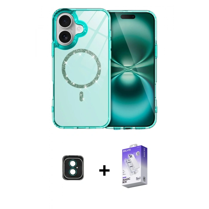 MARSİLYAN™- iPhone 16 Kılıf Kıvılcım Form Prime - Siyah Bilvis 5in1 3D Magic Cam Ekran Koruyucu + PVD Metal Kamera Lens - YL